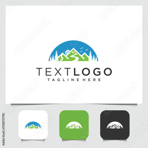 Nature-inspired logo design featuring a mountainous landscape and flowing river