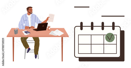 Man seated at desk with laptop, papers, and coffee cup reviewing documents. Large calendar shows marked date. Ideal for productivity, planning, deadlines, scheduling, business organization focus