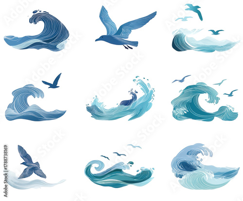 Collection of stylized blue ocean waves and flying seagulls illustrations.
