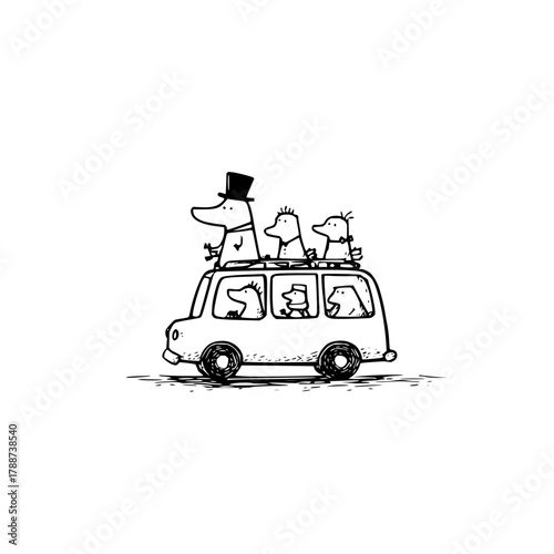 Cartoonish animals joyfully travel in a vintage bus with luggage on the roof in black and white sketch