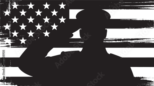 Silhouette of a soldier saluting against the American flag grunge illustration for patriotic themes and memorial designs