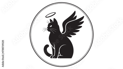 Black cat with angel wings and halo illustration in a circle isolated on white background
