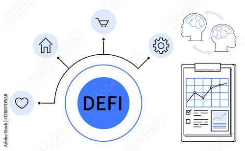 DEFI circle connects home, shopping cart, gear, heart icons for finance goals. Brain exchange, chart growth. Ideal for fintech, investments, innovation technology financial strategy future