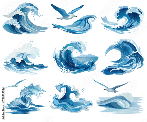 A beautiful collection of isolated blue ocean waves and flying seagulls.