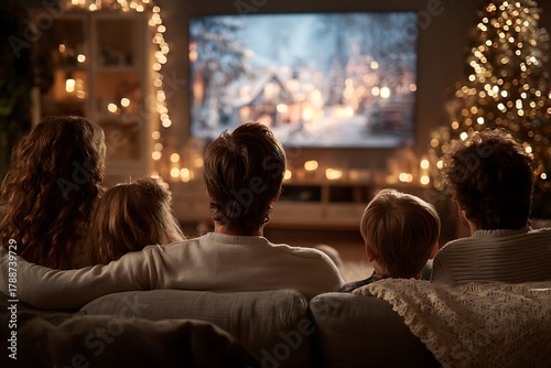 A cozy family of four, including parents and two children, watches a festive winter scene on television, surrounded by warm Christmas lights.