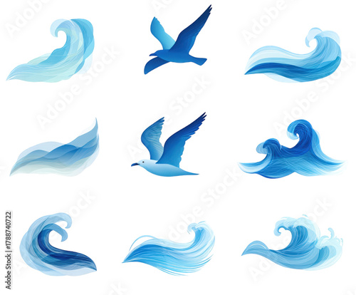Collection of stylized blue ocean waves and flying seagulls illustrations.