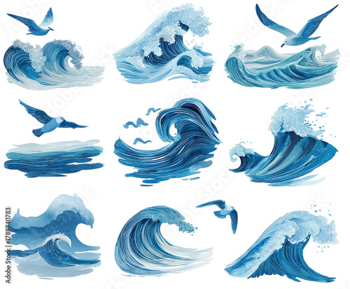 Collection of stylized ocean waves and flying seagulls illustrations set.