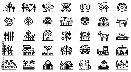 Collection of simple line icons representing farming and rural life.