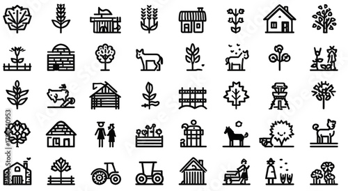 A diverse collection of farm and agriculture line icons.