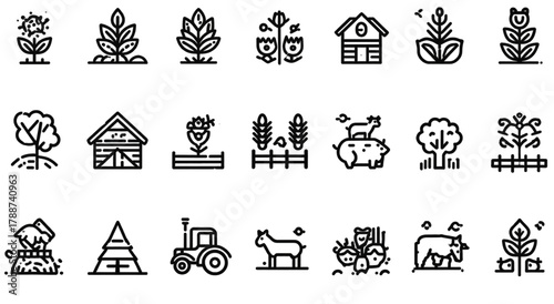 Collection of Agriculture and Farming Outline Style Icons.
