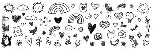 A large collection of cute hand-drawn doodle elements in a childish sketch style.
