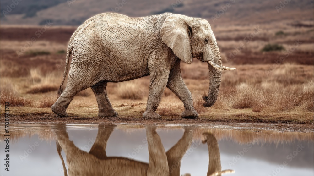 Fototapeta premium Elephant Walks Gracefully Near a Tranquil Watering Hole With Reflections in the Still Water During a Calm Afternoon