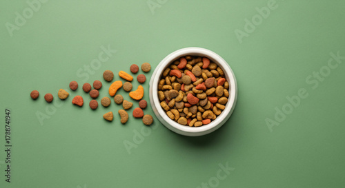 Fresh pet food branding flat lay with kibble on green background