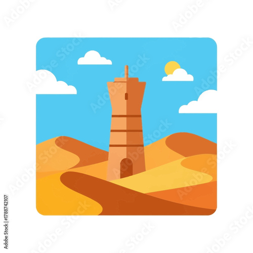 A tower stands in a desert landscape under a blue sky with clouds and sun.
