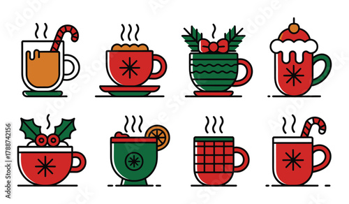 Christmas Hot Drinks Vector Icon Set Festive Coffee Mugs, Cocoa, Mulled Wine, and Winter Holiday Beverage Collection