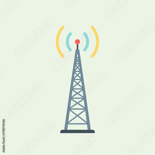A stylized transmission tower with signal waves emanating from the top.