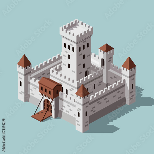 Isometric illustration of a stone castle with towers and a drawbridge.