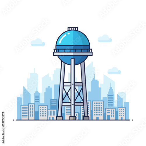 Water tower stands above city buildings with clouds in the distance.