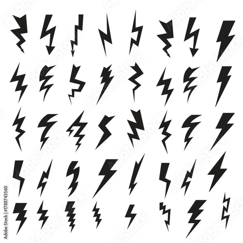 Lightning bolt icon. Flash symbol, thunderbolt, blitz lightnings strike sign. Electric energy black silhouettes, power concept. Vector isolated dynamic sports logo