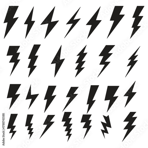 Lightning bolt icon. Flash symbol, thunderbolt, blitz lightnings strike sign. Electric energy black silhouettes, power concept.