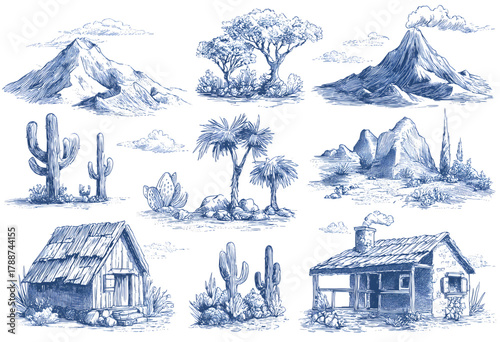 Set of hand drawn blue ink sketches of desert landscapes and rustic cabins.