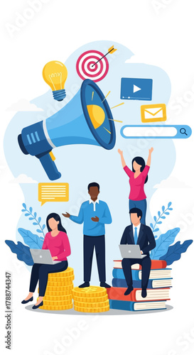 Diverse business team collaborating on a digital marketing campaign concept.