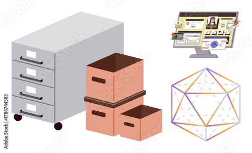 Metal file cabinet with pull-out drawers, cardboard storage boxes, computer screen with analytics, and geometric 3D shape. Ideal for data organization, digital workflow, storage, document management