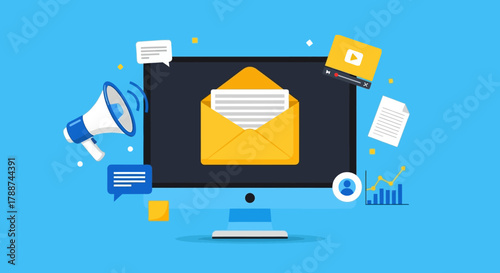 Email Marketing Campaign on Computer Screen with Megaphone and Data Charts.