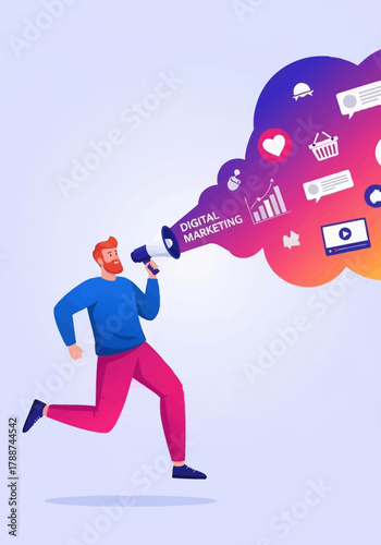 Man with Megaphone Spreading Digital Marketing Ideas and Social Media Icons.