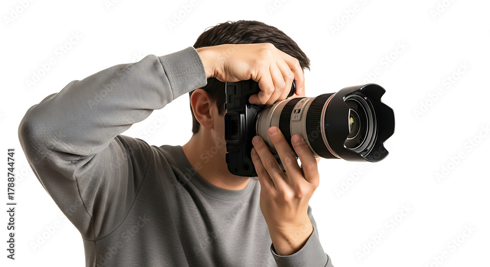 Fototapeta premium Professional photographer, capturing the perfect shot with a dslr camera and lens, showcasing the art of photography and skill