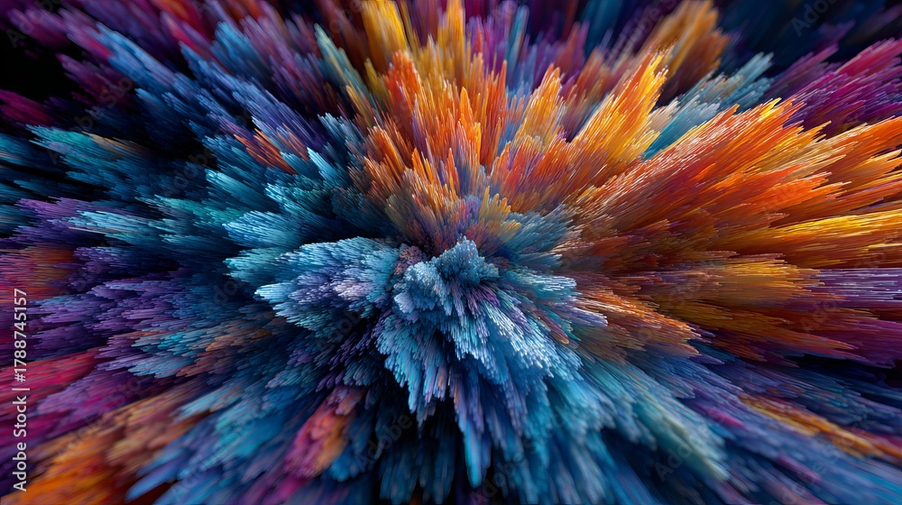 Obraz premium Vibrant explosion of abstract colorful particles, dynamic energy burst, energetic motion, futuristic digital art, science concept, high resolution