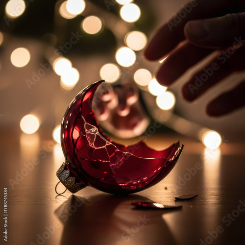 A shattered red Christmas ornament lying on a wooden surface, with a hand reaching towards it, creating a poignant moment of holiday mishap and nostalgia with twinkling lights in the background.