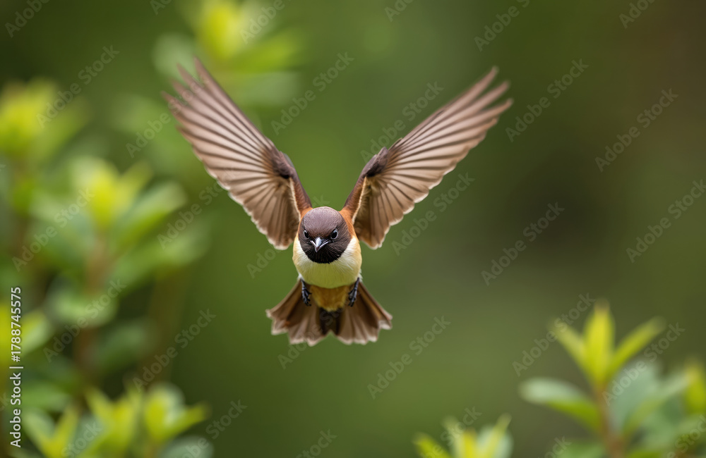 Naklejka premium Small bird with outstretched wings flies forward. It has brown and white feathers. Its beak is pointed. The background is green and blurred with plants.