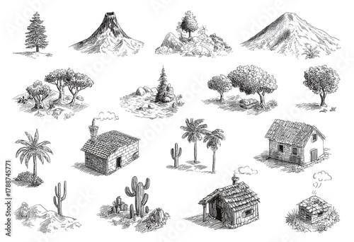 Hand drawn sketch collection of various landscape elements.