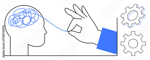 A hand pulling a thread from a tangled brain with gears on the side, illustrating resolving complexity. Ideal for mental health, problem-solving, simplification, clarity, creativity, productivity