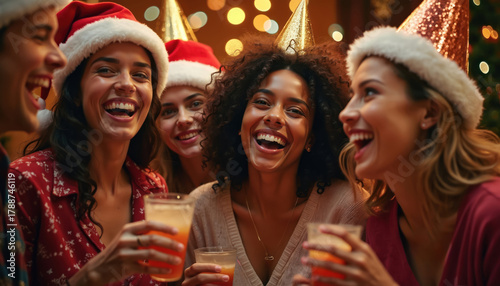Friends wear Santa hats, laugh holding drinks near warm bokeh lights. People enjoy holiday party, celebrate together with festive cheer, joy. Scene shows happy, diverse group at indoor winter event.