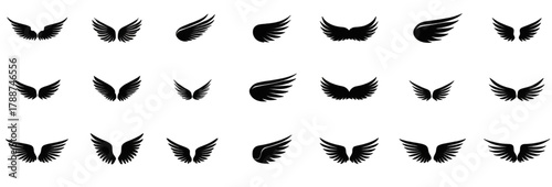 Collection of black wing icons in various styles and shapes.