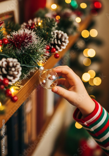 A child's hand gently placing a glass ornament on a festive garland, decorated with pinecones and Christmas lights, embodying the spirit of holiday traditions.