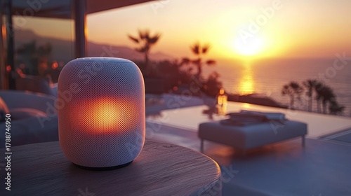 Smart speaker glows at sunset on patio.