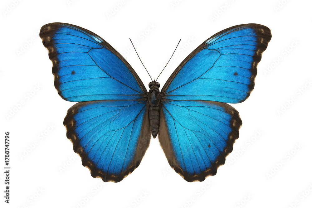 Fototapeta premium Blue morpho butterfly showing vibrant shimmering blue wings, an iconic symbol of nature, beauty, and transformation