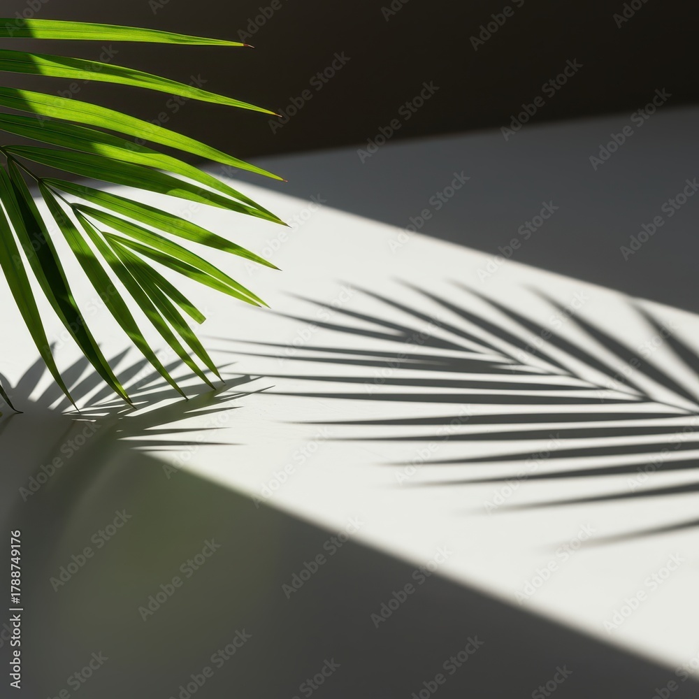 Fototapeta premium Bright sunlight casting sharp, detailed shadows of tropical leaves onto a smooth, clean white table surface ,hard, calm, sunlight