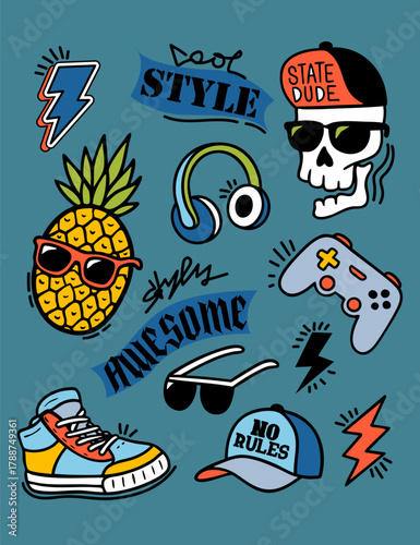 Cool t-shirt print with varsity-style patches on blue blue background.