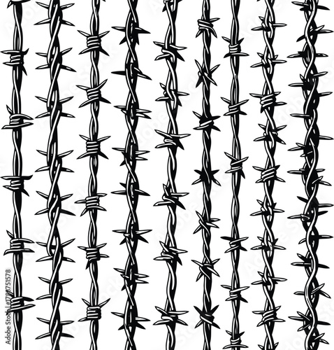 Seamless pattern of barbed wire strands Keywords: barbed wire, fence, security, protection