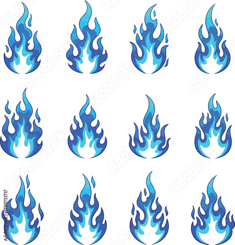 Twelve blue flame icons in a grid fire heat
