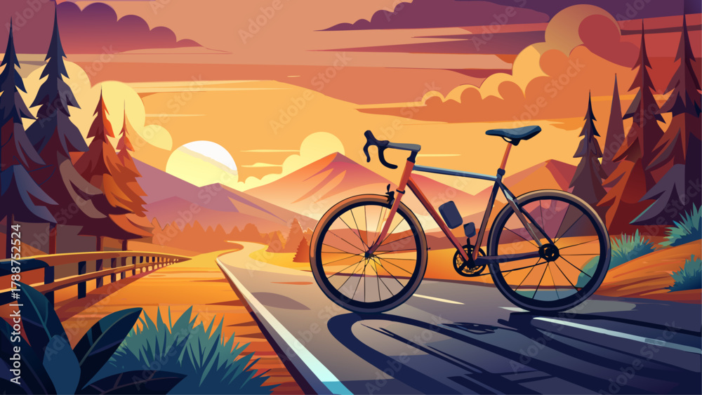 Fototapeta premium Very beautiful road bike parked on a scenic road at sunset, featuring warm golden light, long soft shadows, and a realistic peaceful landscape with ample copy space in the background.