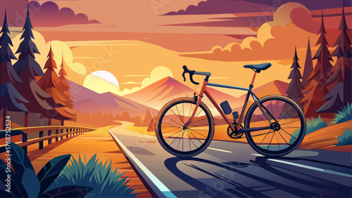 Very beautiful road bike parked on a scenic road at sunset, featuring warm golden light, long soft shadows, and a realistic peaceful landscape with ample copy space in the background.