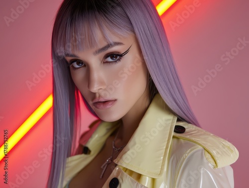 Woman with sleek lavender h...