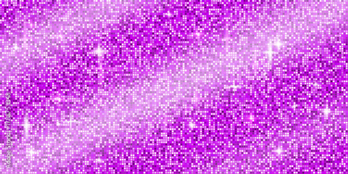 Disco ball mosaic background with purple mirror glitter texture. Shiny violet tones sequin pattern. Glam Christmas sparkle.Festive fashion folded fabric decoration. Vector glossy illustration.