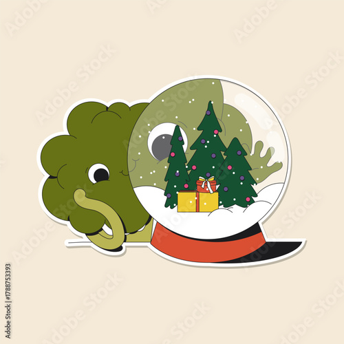 Cute winter illustration of green broccoli looking through the glass snow ball. Decorated Christmas trees, presents and snow inside it. Holiday sticker pack.