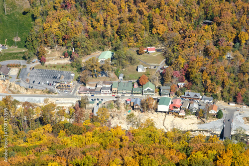Chimney Rock, North Carolina - November 6, 2025: Aerial view of Chimney Rock Village following Hurricane Helene